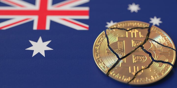 Flag of Australia and destroyed bitcoin. Cryptocurrency ban or restrictions related 3d rendering