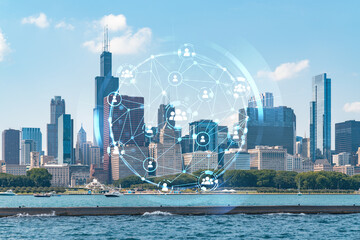 City view, downtown skyscrapers, Chicago skyline panorama over Lake Michigan, harbor area, day time, Illinois, USA. Social media hologram. Concept of networking and establishing new people connections