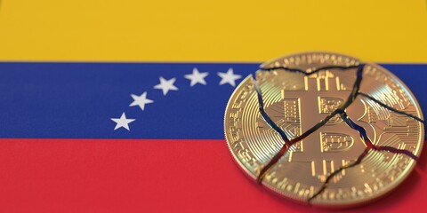 Flag of Venezuela and broken bitcoin. Cryptocurrency ban or crypto legal issues concepts, 3d rendering
