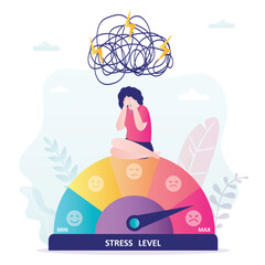 Unhappy woman sits and cries on measuring scale. Indicator shows high level of stress. Burnout at work, psychological pressure. Female character with mental problems.