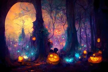 Zelfklevend Fotobehang glowing pumpkin heads in dark halloween magic forest, neural network generated art. Digitally generated image. Not based on any actual scene or pattern. © lucky pics