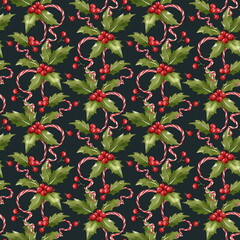 Christmas pattern with holly and satin ribbon. Seamless pattern for the new year. - 525284306