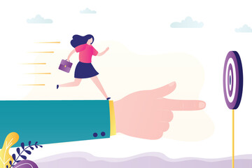 Global business vision. Businesswoman runs towards his goal. Successful hitting target. Mentor points right way. Big helping hand shows direction of development and strategy.