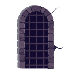 Stone door with bars in prison. Cartoon door of the castle, vector illustration
