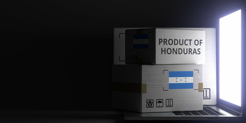 PRODUCT OF HONDURAS text and flag sticker on the boxes on the laptop on dark background. 3D rendering