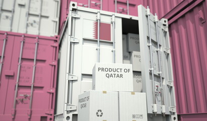 Boxes with goods from Qatar and cargo containers. National economy related conceptual 3D rendering