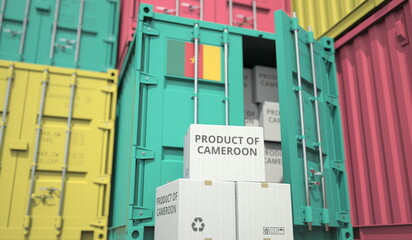 Cartons with goods from Cameroon and shipping containers in the port terminal or warehouse. National production related conceptual 3D rendering