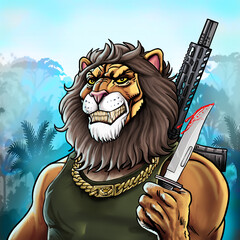 mascot of a dangerous lion in the jungle with a rifle and a knife in his hand