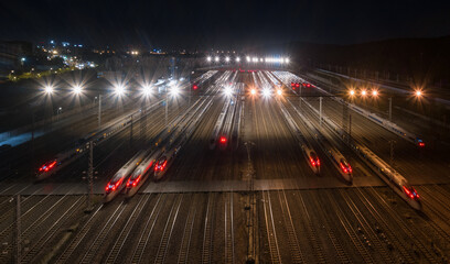 Aerial photo of high-speed rail parked on railway tracks in high-speed rail warehouse.Taken at Nanjing South Railway Station, Nanjing City, Jiangsu Province, China
