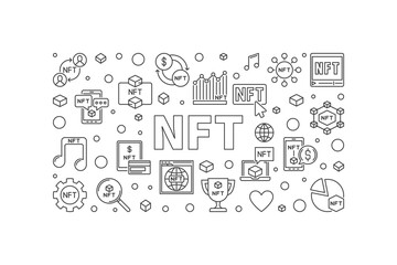 NFT Cryptocurrency and Blockchain outline horizontal banner. Vector illustration