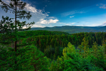 Panorama of the Karkonosze Mountains in Poland at dawn.