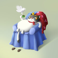 3D illustration. Cat in a crown. Lazy cat with a cup of coffee.