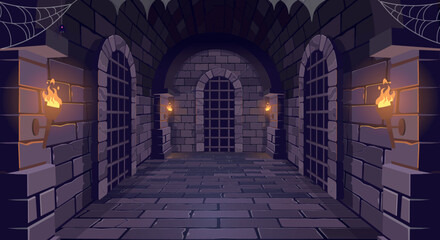 Dungeon with a long corridor. Medieval castle corridor with torches and doors with bars. Interior of ancient Palace with stone arch. Vector illustration. © NADEZHDA
