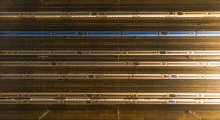 Aerial photo of high-speed rail parked on railway tracks in high-speed rail warehouse.Taken at Nanjing South Railway Station, Nanjing City, Jiangsu Province, China