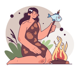 Prehistoric people cook food. Character sitting by fire, neanderthal