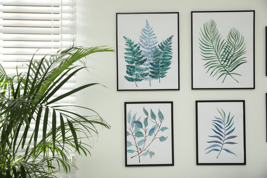 Beautiful paintings of tropical leaves on white wall in  room