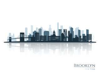 Brooklyn skyline silhouette with reflection. Landscape Brooklyn, New York. Vector illustration. - obrazy, fototapety, plakaty
