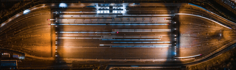 Aerial photo of high-speed rail parked on railway tracks in high-speed rail warehouse.Taken at Nanjing South Railway Station, Nanjing City, Jiangsu Province, China