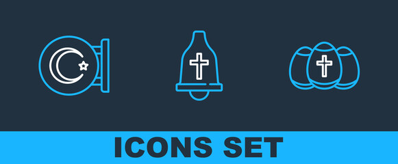 Set line Easter egg, Star and crescent and Church bell icon. Vector
