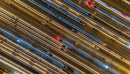 Aerial photo of high-speed rail parked on railway tracks in high-speed rail warehouse.Taken at Nanjing South Railway Station, Nanjing City, Jiangsu Province, China