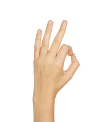 Fototapeta premium Woman showing okay gesture on white background, closeup of hand