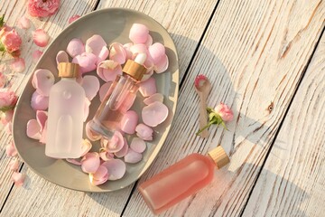 Bottles of rose essential oil and flowers on white wooden table, flat lay