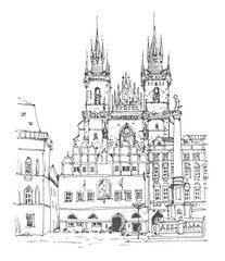Architecture sketch illustration. Old town street in Prague, Czech Republic, Europe. Drawing urban landscape black and white. Travel sketch. Hand drawn travel postcard. Liner sketches of Prague.