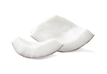 Pieces of tasty ripe coconut on white background