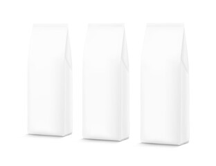 Realistic food bags mockup. Vector illustration isolated on white background. Suite for the presentation of coffee, food, for pets, household, etc. Perspective viewing. EPS10.	