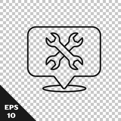 Black line Location with wrench spanner icon isolated on transparent background. Adjusting, service, setting, maintenance, repair, fixing. Vector