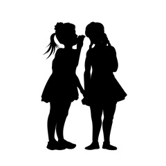 Gossip girls silhouette. Kid tell secret for friend. Children conversation. Childhood scene