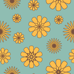 Floral pattern in the retro style of the 70s,  a vintage hippy pattern of orange flowers on turquoise background