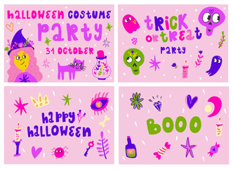Fototapeta premium Cute vector colorful hand-drawn greeting card collection for Halloween with cute elements, cute witch, boo, cute ghosts, and trendy colors. Hand-written text. Vector illustration 
