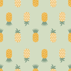 Funky yellow pineapples on a pastel green background, a modern flat summer pineapple background
