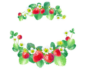 イチゴの丸型フレーム、水彩イラスト（透過背景）