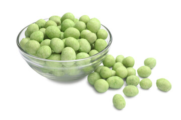 Tasty wasabi coated peanuts on white background