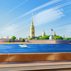 Illustration with views of St. Petersburg. Neva river.