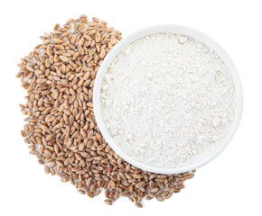 Bowl with organic flour and grains of wheat on white background, top view