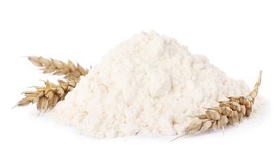 Pile of wheat flour and spikes isolated on white