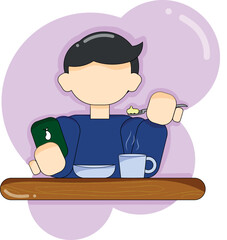 the boy is having lunch and reading