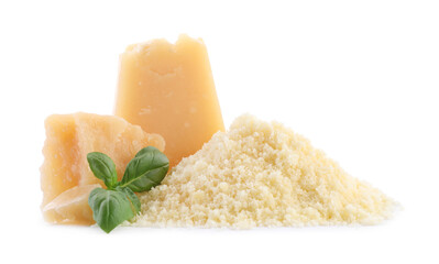 Delicious grated parmesan cheese on white background