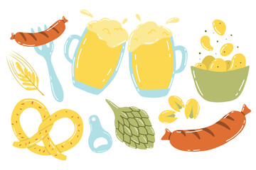 Vector set of beer and beer snacks. Collection for Oktoberfest. Beer set. pistachios, sausage, hops, wheat, chips, pretzel.