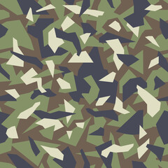 Geometric camouflage seamless pattern background. Classic khaki clothing style masking camo repeat print. Green and black colors forest texture. Vector.