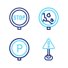 Set line Exclamation mark in triangle, Parking, Road warning rockfall and Stop sign icon. Vector
