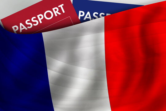 French flag background and passport of France. Citizenship, official legal immigration, visa, business and travel concept.