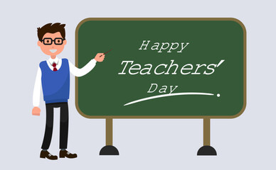 Happy Teacher's Day with Teacher explaining gesture cartoon flat vector character