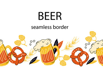 Beer and hop seamless border in doodle style, cartoon hand drawn vector illustration isolated on white background. Design for beer labels and festivals.