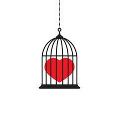 Locked bird cage with red heart icon. Trap, imprisonment, jail concept.