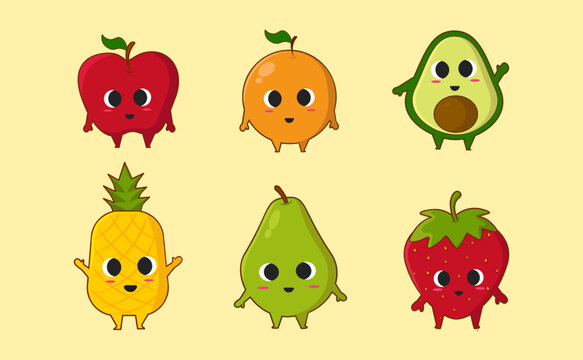 Cartoon funny and cute fruits, Happy Apple orange avocado pineapple pear strawberry with face. kawaii Character vector illustration