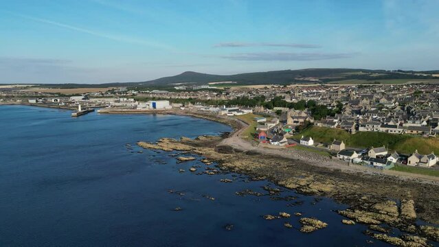 4K: Aerial Drone Video of Buckie, in Moray, Scotland UK. Rising shot of the sea. Stock Video Clip Footage.  